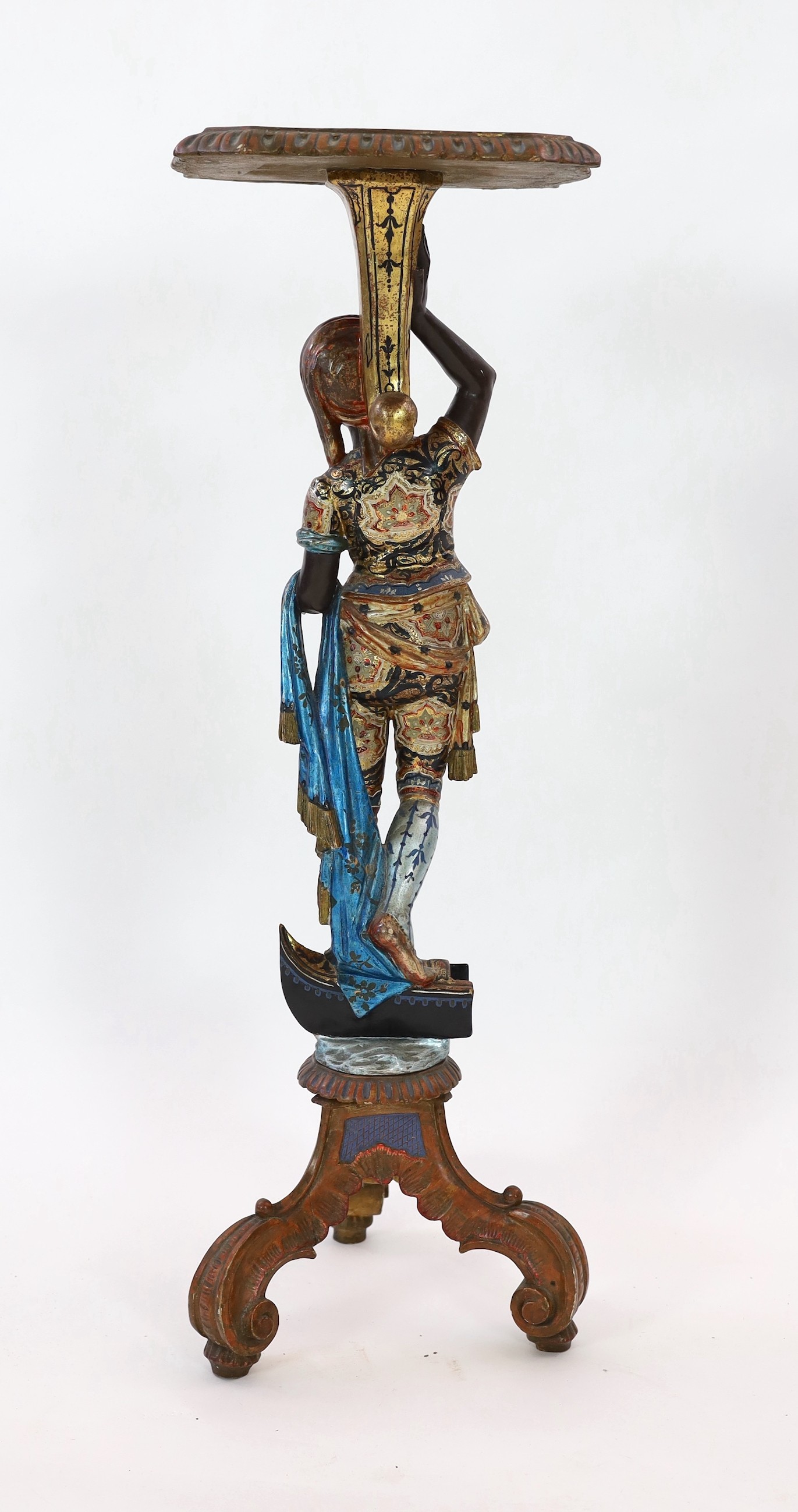 A 19th century Venetian carved wood and polychrome gondolier blackamoor table, width 33cm height 103cm